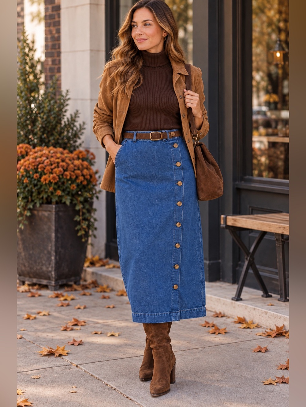 Denim Midi Skirt Blue Button Front 100% Cotton Long Jean Skirt Size 12